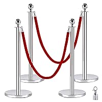 Red Carpet Ropes and Poles,5 ft/1.5 m Velvet Red Ropes,4pcs Crowd Control Barriers, 38In Stainless Steel Stanchions Used for Theaters, Parties, Wedding, Exhibition,Ticket Offices - Silver