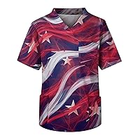 Independence Day Scrub Top American Flag Print Scrubs Tops Plus Size Working Uniform 4th of July Patriotic T Shirt