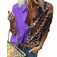 Andongnywell Women's Leopard Print Button Down Shirts Sleeve Tops V Neck Casual Work Blouses Tunics