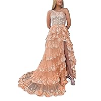 Women's One Shoulder Sequins Applique Tiered Prom Dress A-Line Sexy Side Slit Floor Length Evening Party Gowns