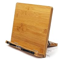 wishacc Bamboo Book Stand, Adjustable Book Holder Tray and Page Paper Clips-Cookbook Reading Desk Portable Stable Hard-Wearing Lightweight Bookstand-Textbooks Books