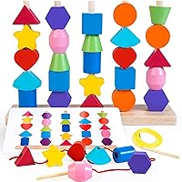 JUSTWOOD Wooden Beads Sequencing Toy Set,Montessori Toys for 3 4 5 Year Old, Lacing Beads & Stacking Block & Matching Shape Stacker,Preschool Learning Toy Gifts for Kids Boy Girl Toddler