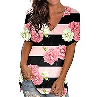 Womens V Neck Tops Loose Fit Summer 2023 Casual Tshirt Tunic Fashion Beach Hawaiian Shirts Blouses Holiday Outfits