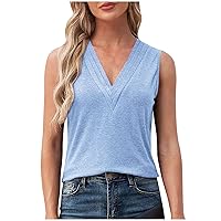 Sleeveless Shirts for Womens Fashion 2024 Basic Tank Tops Pleated V Neck Casual Loose Fit Comfy Tunic Summer Clothes