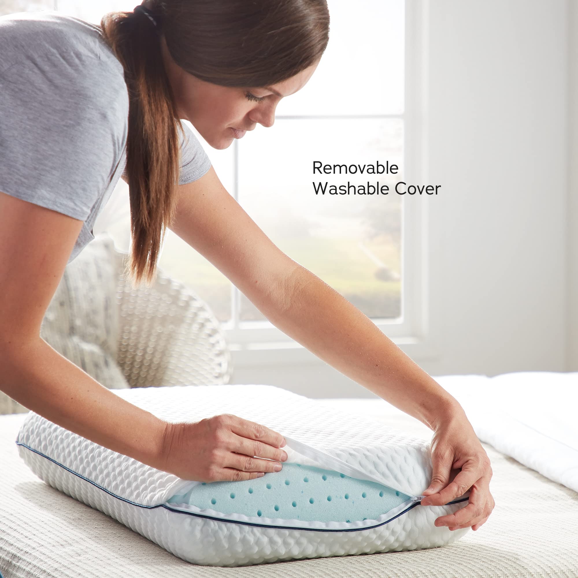 Weekender Gel Memory Foam Pillow – Cooling & Ventilated - 1 Pack Queen Size - Premium Washable Cover White