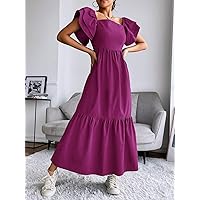 Dresses for Women Women's Dress Layered Sleeve Ruffle Hem Dress Dresses (Color : Purple, Size : Medium)