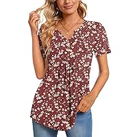 CATHY Womens Short Sleeve Tunic Tops Henley Shirt V-neck Button Up Blouse Casual Pleated Basic Pullover
