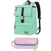ECHSRT 16 inch Laptop Backpack Water Resistant Casual Daypack Bag & Large Pencil Case Pen Pouch Stationery Bag with Handle 2pack Green & Pink