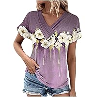 Womens Floral Print Tops Short Sleeve Pleated V Neck Tunic T Shirts 2024 Summer Casual Trendy Loose Pullover Tee Blouses