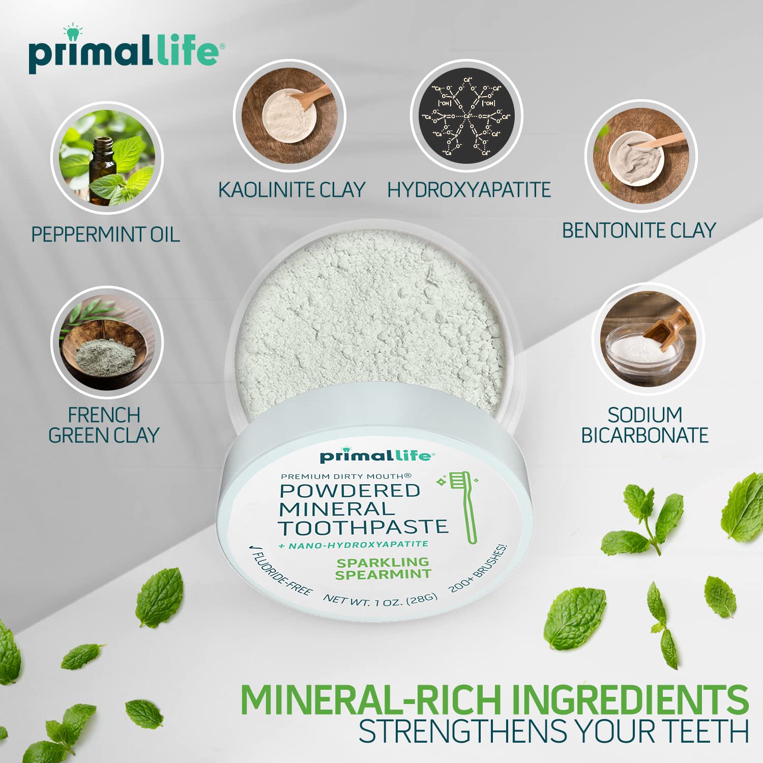 Primal Life Organics - Dirty Mouth Toothpowder, Tooth Cleaning Powder, Flavored Essential Oils with Natural Kaolin & Bentonite Clay, Good for 200+ Brushings, Paleo, Organic, Vegan (Spearmint, 1 oz)