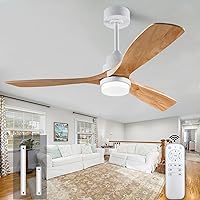 52 Inch Ceiling Fans with Light Remote Control, Wood Ceiling Fans with 3 Blade and Down Rod, 6 Speed DC Motor, Indoor Outdoor Ceiling Fan for Patio, Living Room, Bedroom, Office