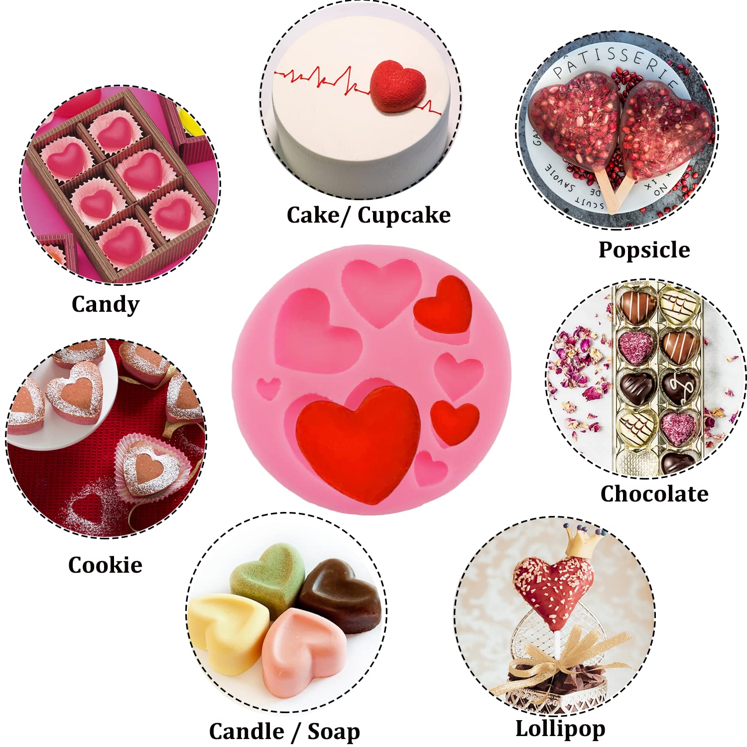 6 Pcs Valentine's Day Fondant Molds Wedding Fondant Cake Molds Bear Heart Love Lips Gift Shape Candy Silicone Molds Chocolate Mould for Cake Topper Polymer Clay Soap Wax Making Party Supplies