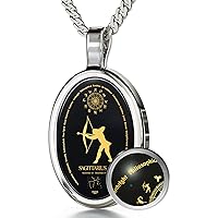Sagittarius Necklace Zodiac Pendant for Birthdays 23rd November to 21st December September May Star Sign and Personality Characteristics Pure Gold Inscribed in Miniature Details on Onyx, 18