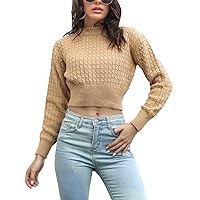 Flygo Women's Cropped Sweater Mock Neck Long Sleeve Cable Knitted Pullover Tops