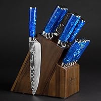 SENKEN 16-Piece Natural Acacia Wood Kitchen Knife Block Set - Japanese Chef's Knife Set with Laser Damascus Pattern, Includes Steak Knives, Kitchen Shears, Santoku, Cleaver & More (Blue Resin Handles)