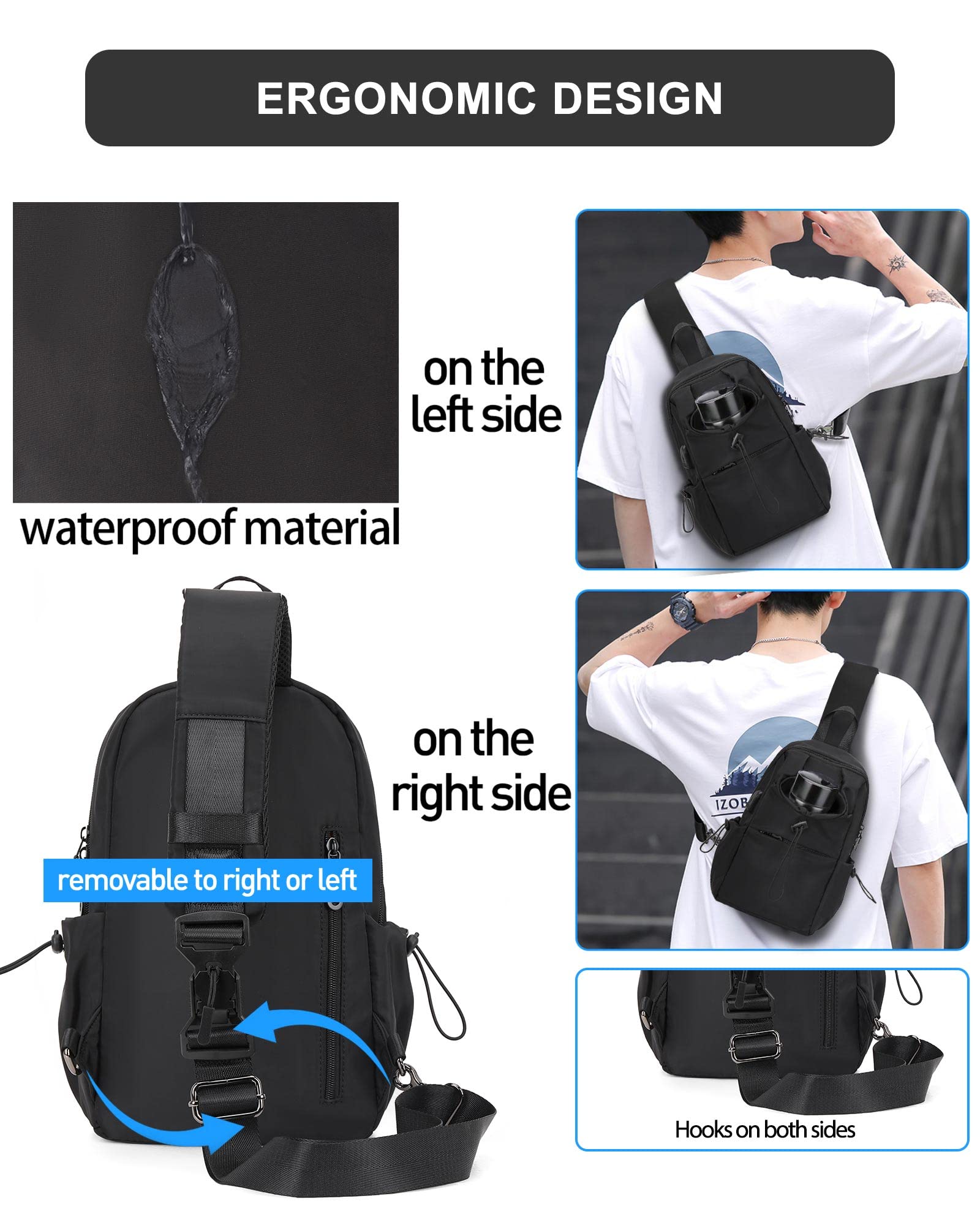 Black Sling Crossbody Bag for Men Women, Tactical Backpack Shoulder Daypack Mini Anti-Theft Cross Body Motorcycle Chest Bags, Small One Strap Backpack for Casual Travel Hiking Outdoor Sports