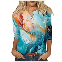 3/4 Sleeve Flower Shirts for Women Fitted Button Down Casual Blouses Summer Tops Dressy Trendy Printed Graphic Tees