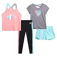 Body Glove Girls' Active Shorts Set - 4 Piece T-Shirt, Tank Top, Bike Shorts with Basic or Flare Active Leggings (7-12)