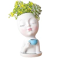 Face Planter with Tray Lady Drinking Coffee Face Pots for Plants Waterproof Resin Cute Plant Pots Coffee Lady PotSucculent Pots 4x7.8 Inch White Face Planter