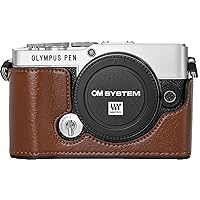 E-P7 Case, Handmade PU Leather Half Camera Case Bag Cover Bottom Opening Version for Olympus Pen E-P7 EP7 With Neck Strap Mini Storage Bag (Coffee)