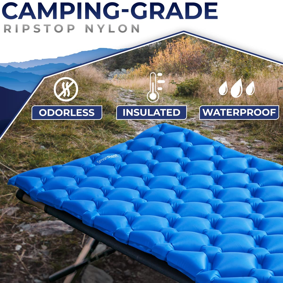 SmartRest Sleeping Pad for Camping - Ultralight Inflatable Air Mat Mattress for Backpacking, Hiking - Camping Gear Essentials and Accessories - S2 Blue