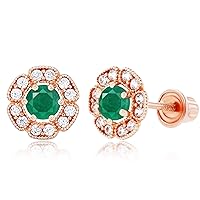 Solid 14K Gold 6mm Natural Birthstone Flower Screwback Stud Earrings For Women | 7mm Round Birthstone | 1mm Created White Sapphire Flower Screwback Earrings For Women and Girls