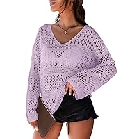 Dokotoo Women's Summer Crochet Hollow Out Blouse Shirts Casual Long Sleeve Beach Bikini Swimsuit Mesh Cover Up Tops