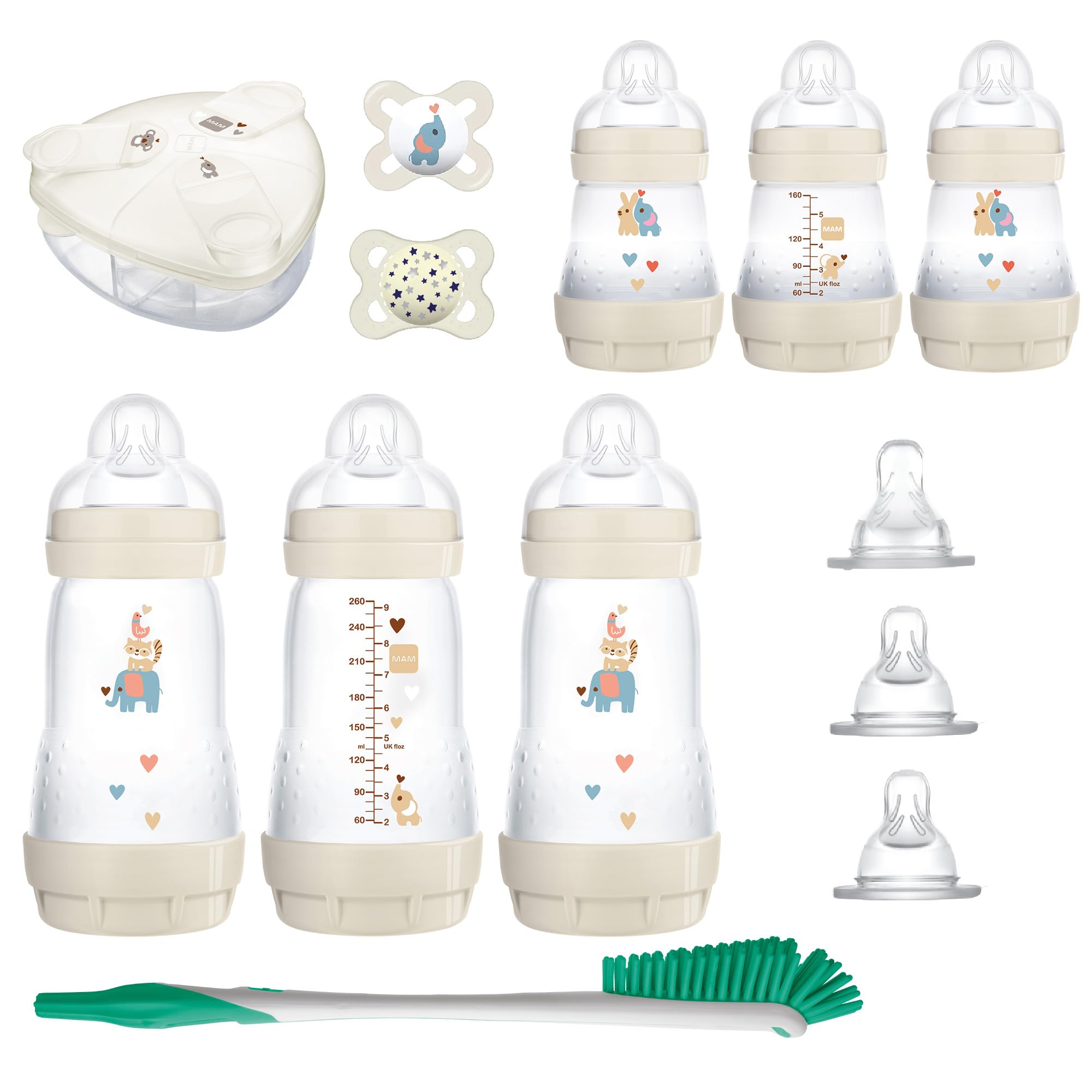 MAM Baby’s First Gift Set, 0+ Months, 5oz and 9oz Anti-Colic Bottles with Self-Sterilization, SkinSoft Silicone Nipples and Pacifiers, Dishwasher Safe Formula Dispenser and Bottle Brush, Unisex