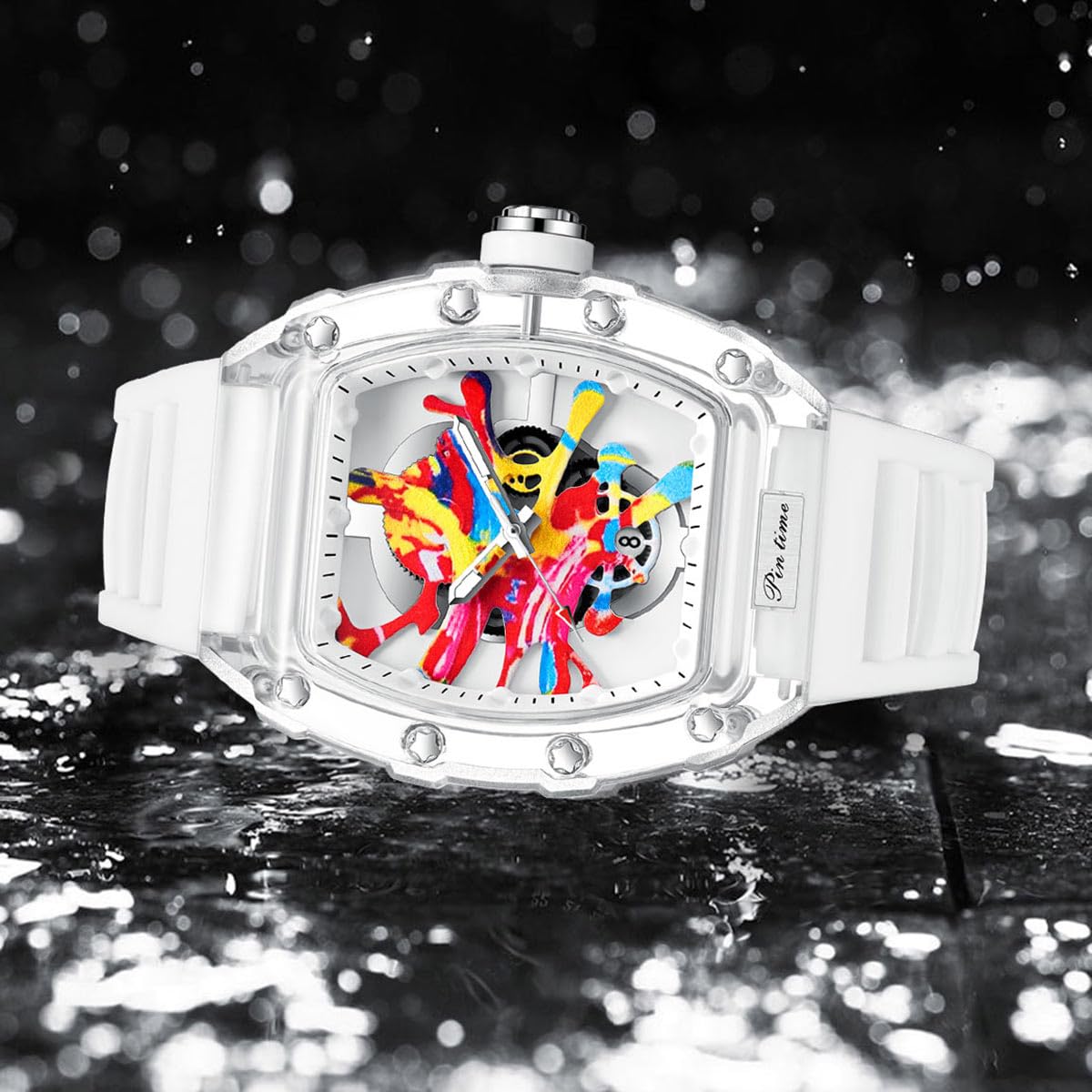 DROCUAMGOYA Herrenmode Uhren Graffiti Kunst Zifferblatt Skelett Quarz Silikon Band Datum Analog Armbanduhr für Männer