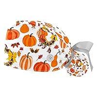 Happy Thanksgiving Pumpkin Working Cap with Button & Sweatband 2 PCS Reusable Surgical Surgery Hat Ponytail Holder