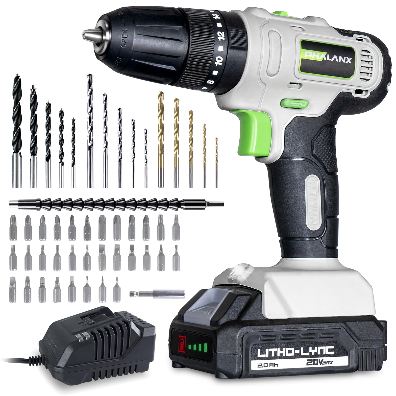PHALANX 20V Cordless Drill Set - Multifunctional 3-in-1 Power Drill with Hammer Drill Function, 20+3 Electric Drill with Battery and Fast Charger, 3/8