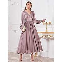Fall Dresses for Women 2023 Buttoned Front Ruched Bust Satin Dress Dresses for Women (Color : Mauve Purple, Size : Small)