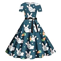 Women's Vintage Pleated Flared Swing A-Line Casual Party Work Dresses Easter Funny Bunny Rabbit Print Crewneck Dress