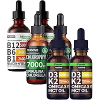 NUSAVA Unflavored D3 K2, Chlorophyll, & Vitamin B12 Liquid Drops Bundle - Potent Liquid Vitamins for Heart, Energy, Brain & Immune Support - Non-GMO, Gluten-Free, 2pk Each