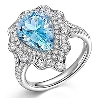 Ice Sea Blue Aquamarine Gemstone Sharp Diamond 14K White Solid Gold Wedding Dating Party Ring Set for Women