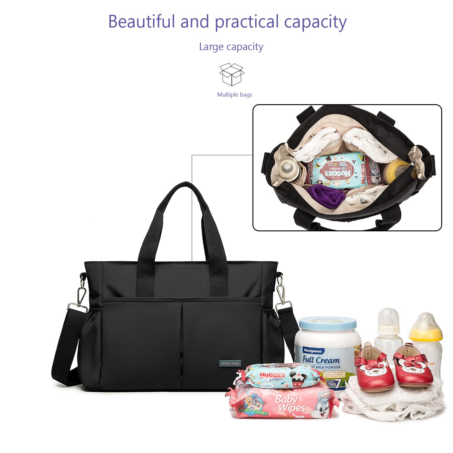 ROYALFAIR Diaper Bag Tote Bag for Toddler Mommy Messenger Tote Diaper Bags Purse with Stroller Hook (Medium,Black)