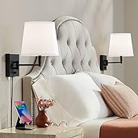 Lanett Modern Swing Arm Wall Lamps Set of 2 with USB Charging Port Black Plug-in Light Fixture White Fabric Shade for Bedroom Bedside House Reading Living Room Home Hallway Dining