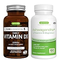 Daily Vitamin D3 + Ashwagandha+ L-Theanine & Magnesium Vegetarian Bundle, 365 2000iu Vitamin D3 Tablets + 600mg KSM-66 Ashwagandha with Zinc & B Vitamins, by Igennus