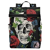 ALAZA Skull Roses And Leaves Large Laptop Backpack Purse for Women Men Waterproof Anti Theft Roll Top Backpack, 13-17.3 inch