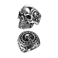 OIDEA 2Pcs Bikers Stainless Steel Gothic Skulls Ring,Black Silver, Size 8-15