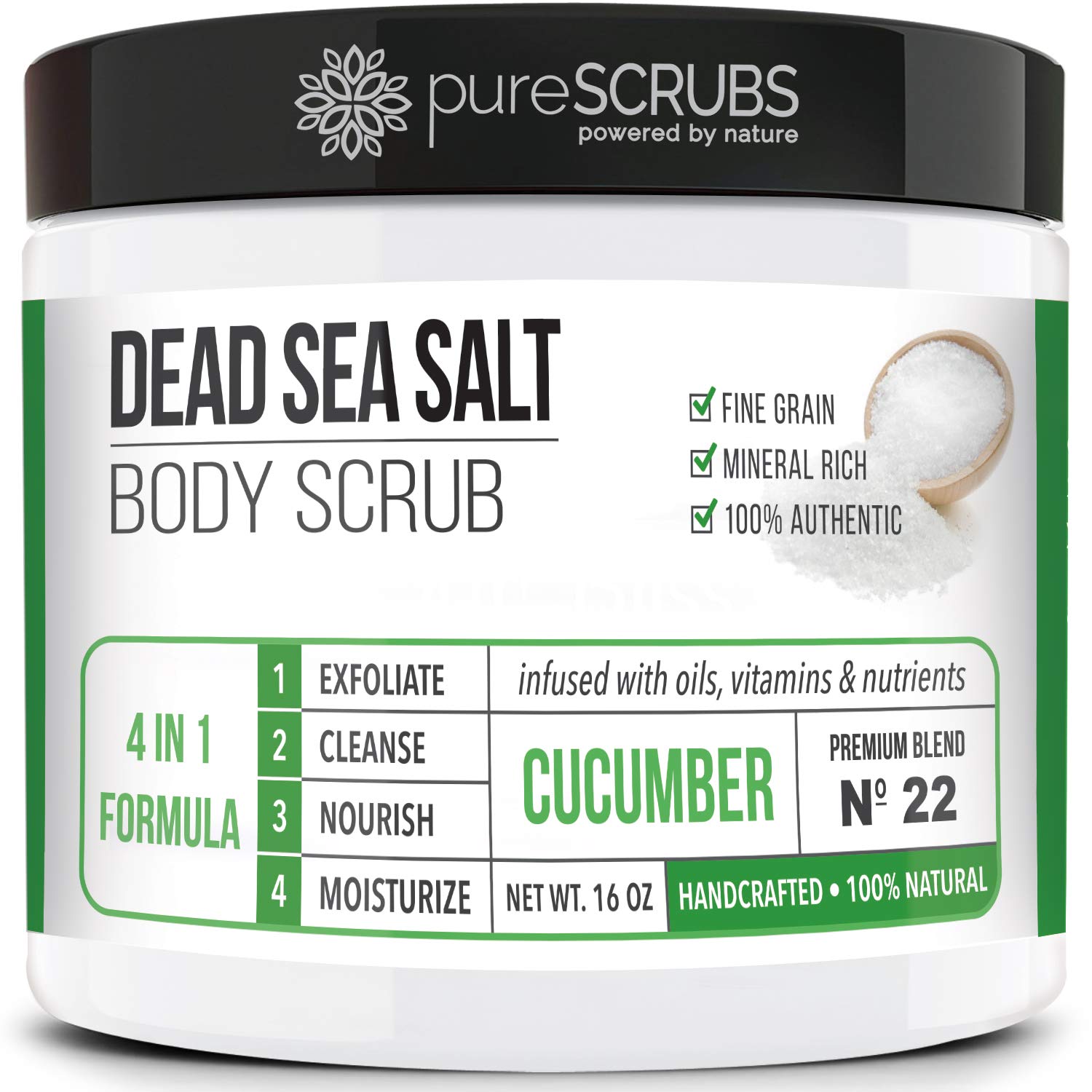 pureSCRUBS Premium Organic Body Scrub Set - Large 16oz CUCUMBER - Dead Sea Salt Body Scrubs for Women Exfoliation KP Bump Eraser Body Scrub INCLUDES Wooden Spoon, Loofah & Soap