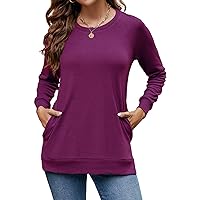 Hount Womens Round Neck Long Sleeve Shirts Casual Side Split Tunic Tops Loose Fitting Shirts with Pockets