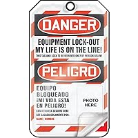 Accuform Lockout Tags, Pack of 25, Bilingual Danger Equipment Lock-out My Life is on the Line with Picture Insert, US Made OSHA Compliant Tags, Tear & Water Resistant Self-Laminating PF-Cardstock with Grommets, 5.75