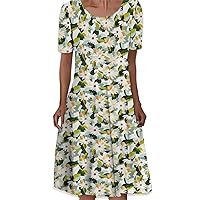 Ladies Women's Summer Dress Fashion Short Sleeve Pleated Mid Length Dress Floral Print Casual Dress(D,4X-Large)