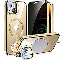 [Camera Invisible Stand & Slide Pop-up Lock] Magnetic Privacy Case for iPhone 14 [Compatible with MagSafe] [Full Lens Protection+Invisible Kickstand] Full Body Metal Bumper Cover-Gold