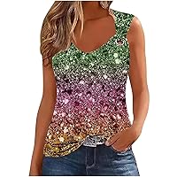 O Ring Shoulder Sequin Sparkly Tank Tops for Women Sexy Gradient Print V Neck T-Shirt Casual Sleeveless Loose Blouse