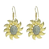 Milky Aquamarine 16X12 MM Oval Cabochon Gemstone Gold Plated Brass Embossed Dangling Earrings For Her