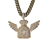 Men Women Gold Finish Iced Money Bag Flying Wings Pendant Stainless Steel Pendant Real 10 mm Wide Miami Cuban Link Chain Choker Set CZ Diamond Box Lock Solid heavy Chain