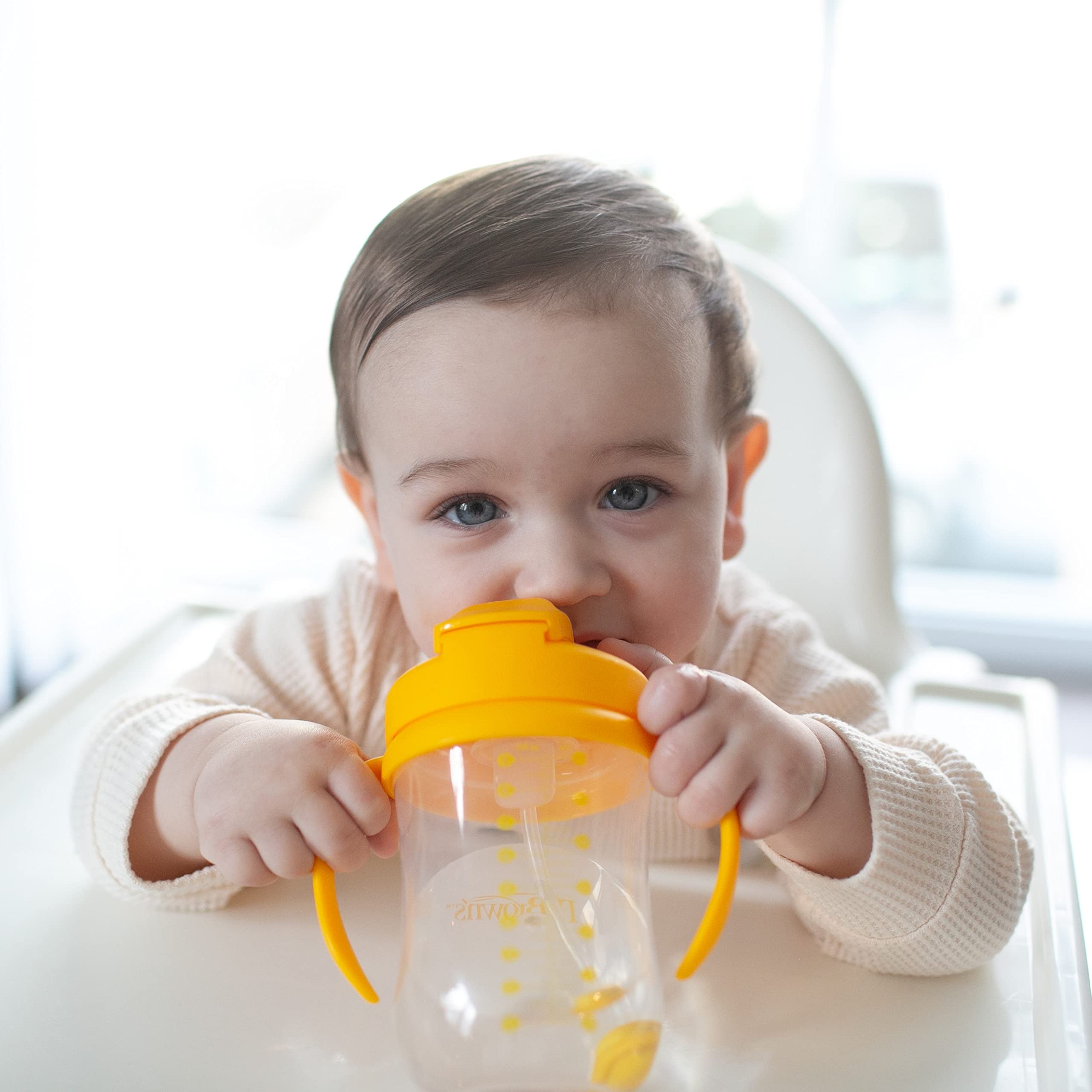 Dr. Brown's Milestones, Baby's First Straw Cup Sippy Cup with Straw, 6m+, 9oz/270ml, 2 Pack, Dark Blue & Vintage Yellow, BPA Free