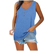 Womens Tank Tops Summer，Womens Plus Size Cute Printed Sleeveless Button U Neck Shirt Loose Fit Henley Shirts Tanks